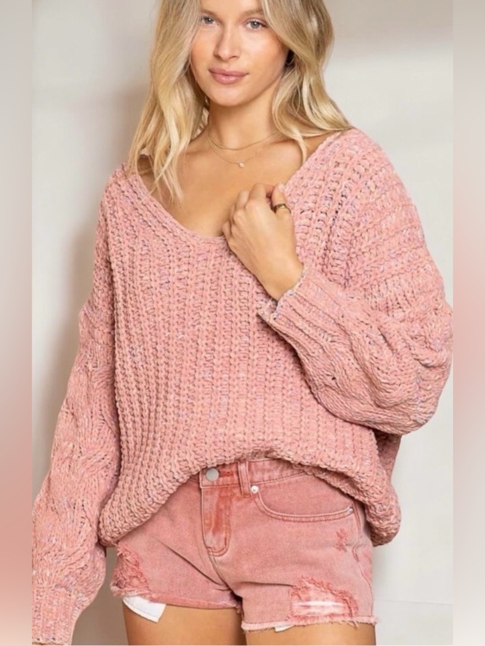 POL Chunky V-Neck Knit Sweater in Dusty Pink
